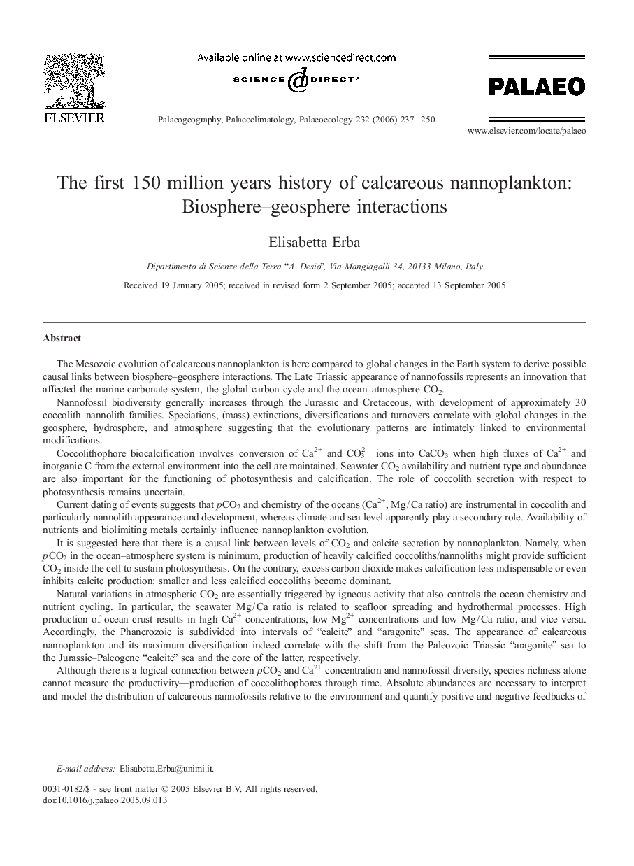 The first 150 million years history of calcareous nannoplankton: Biosphere–geosphere interactions