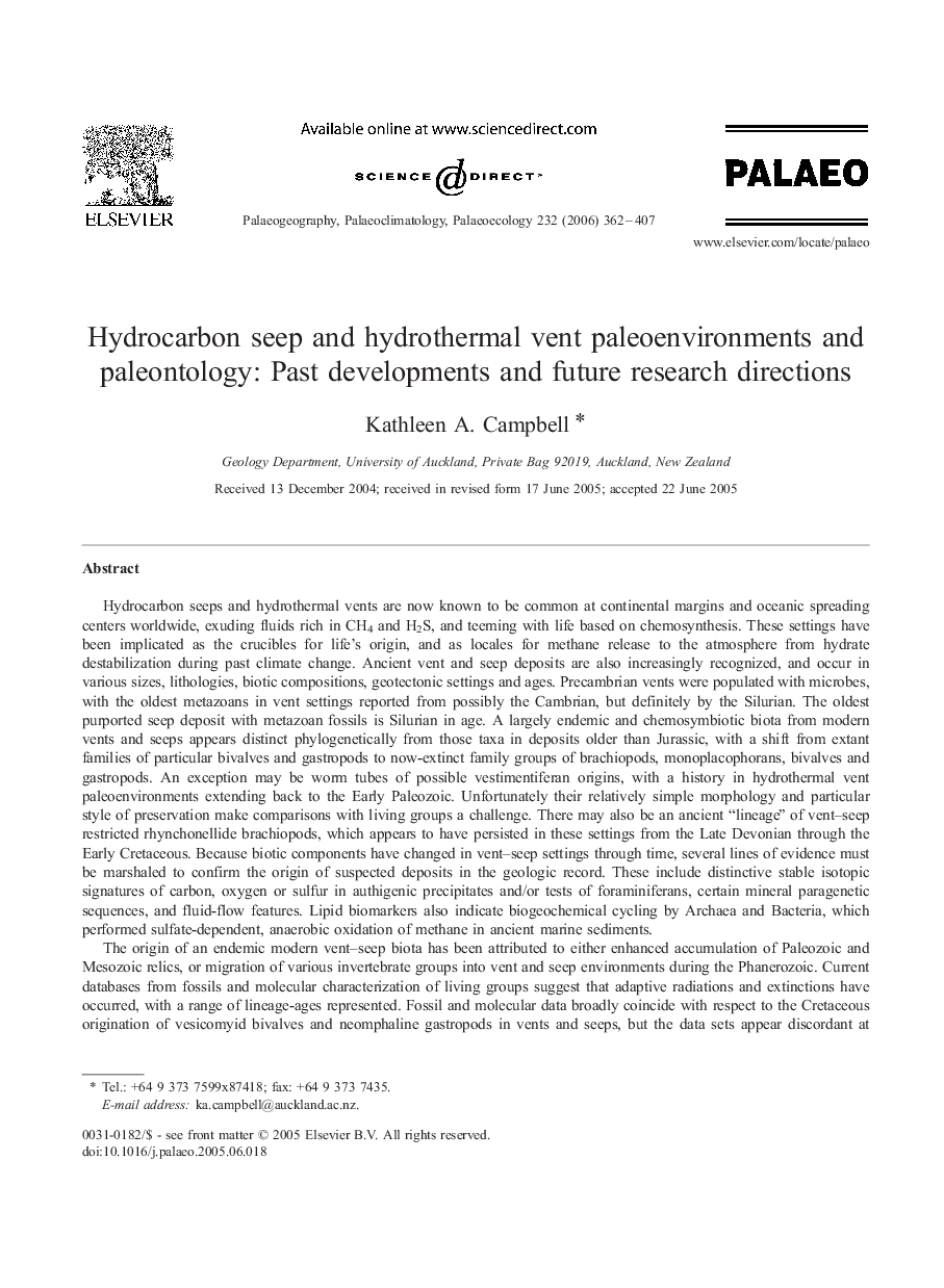 Hydrocarbon seep and hydrothermal vent paleoenvironments and paleontology: Past developments and future research directions