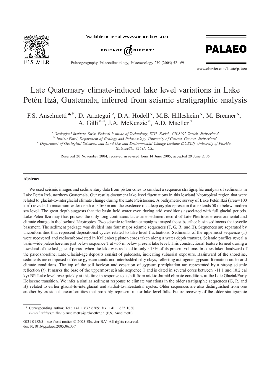 Late Quaternary climate-induced lake level variations in Lake Petén Itzá, Guatemala, inferred from seismic stratigraphic analysis