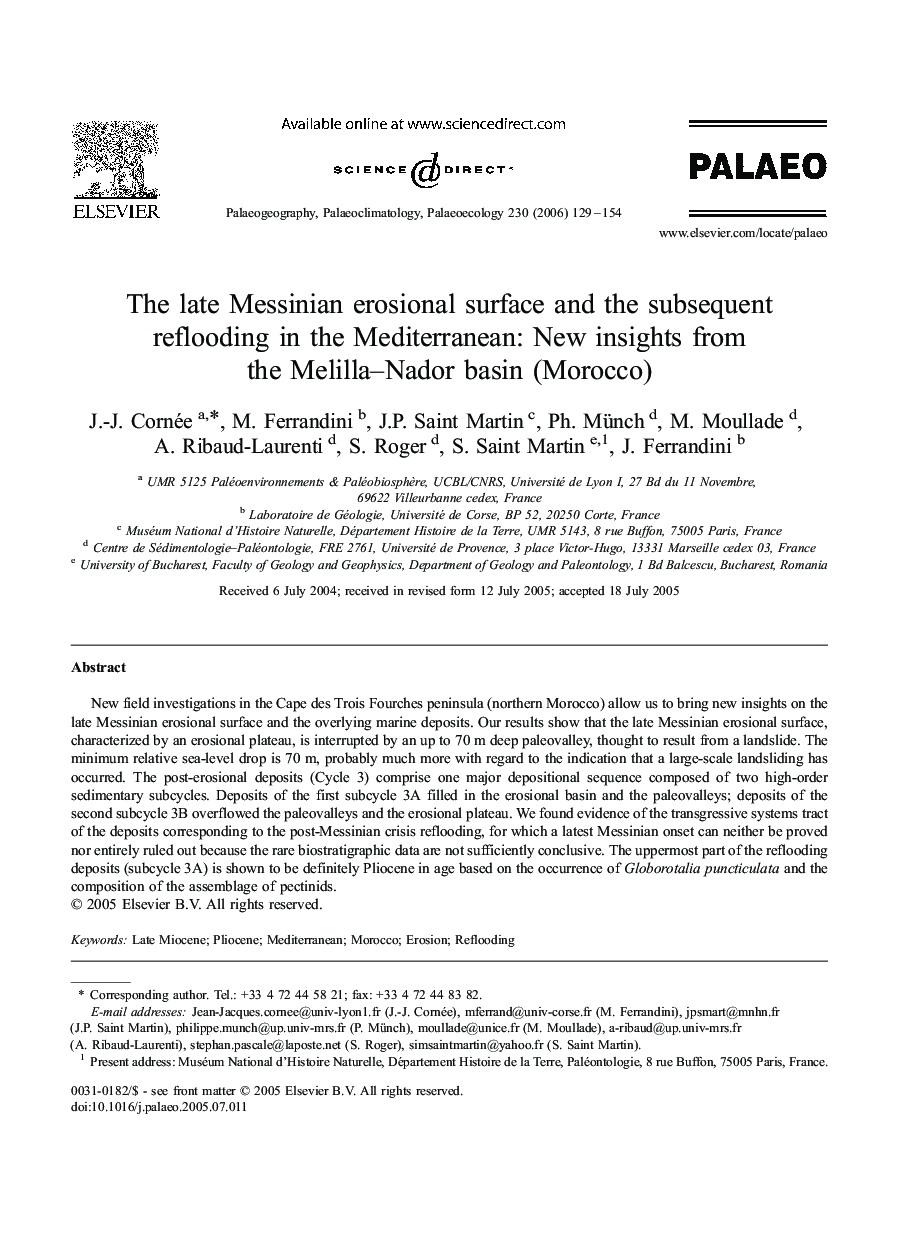 The late Messinian erosional surface and the subsequent reflooding in the Mediterranean: New insights from the Melilla–Nador basin (Morocco)