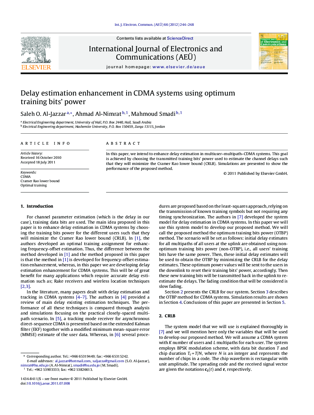 Delay estimation enhancement in CDMA systems using optimum training bits’ power