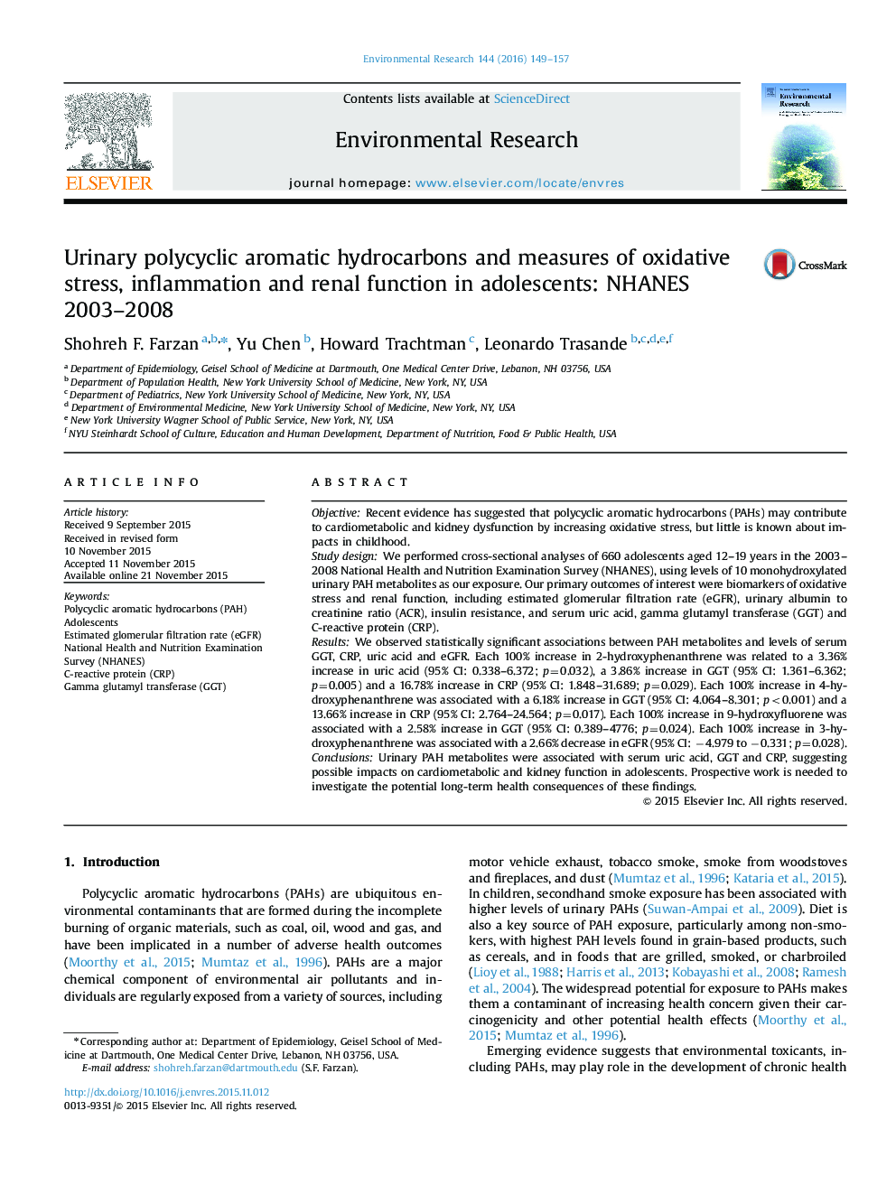 Urinary polycyclic aromatic hydrocarbons and measures of oxidative stress, inflammation and renal function in adolescents: NHANES 2003–2008