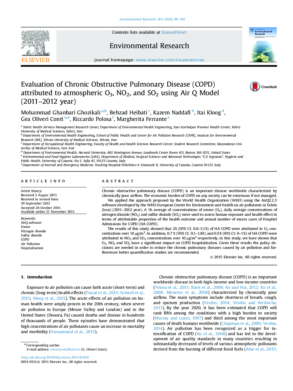 Evaluation of Chronic Obstructive Pulmonary Disease (COPD) attributed to atmospheric O3, NO2, and SO2 using Air Q Model (2011–2012 year)