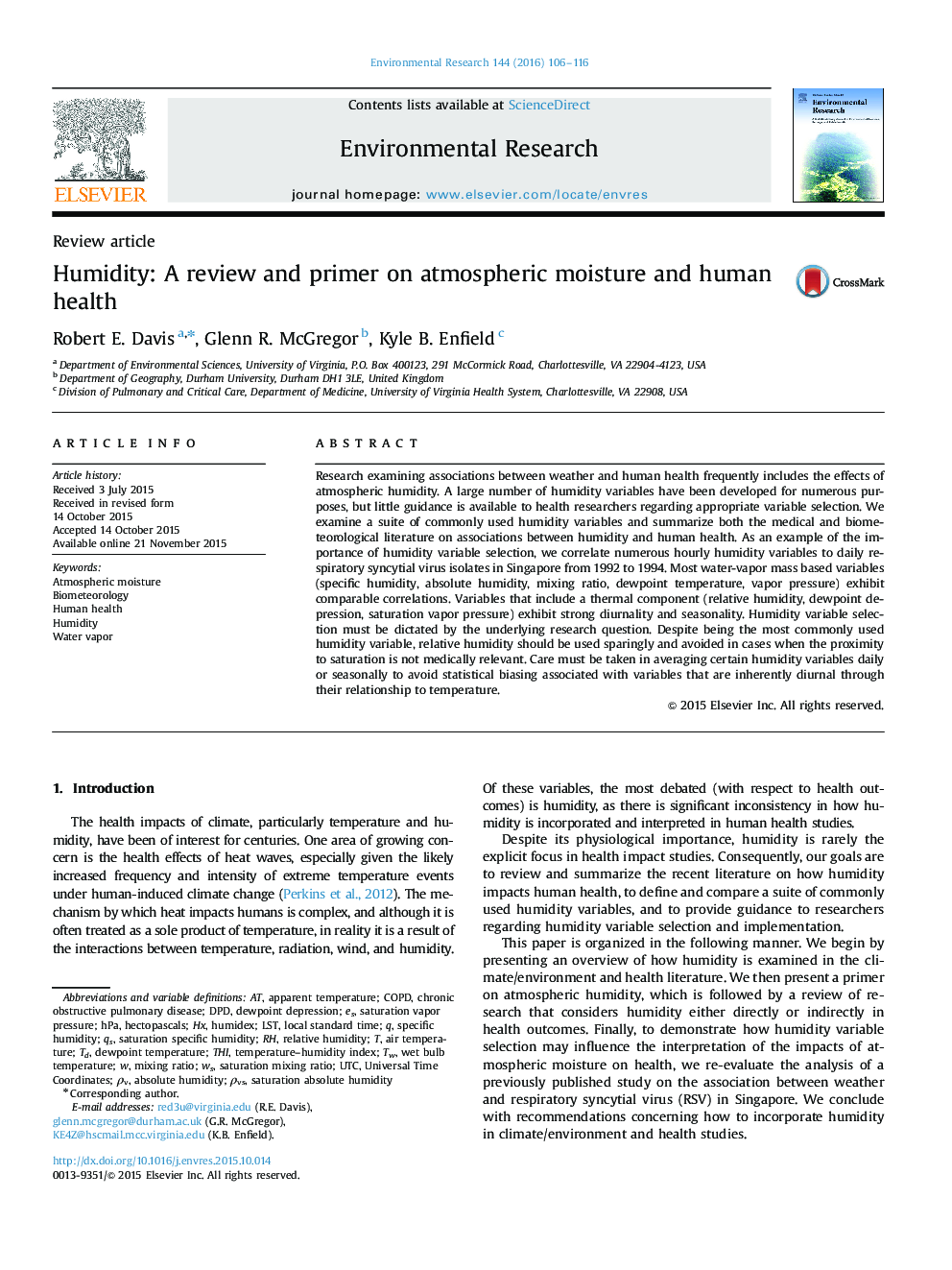 Humidity: A review and primer on atmospheric moisture and human health