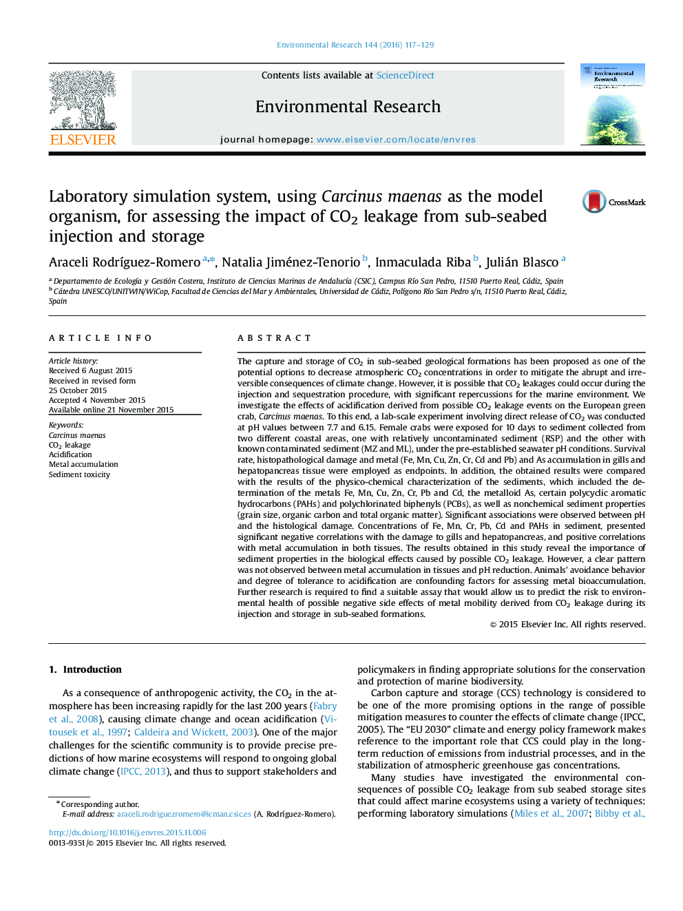 Laboratory simulation system, using Carcinus maenas as the model organism, for assessing the impact of CO2 leakage from sub-seabed injection and storage