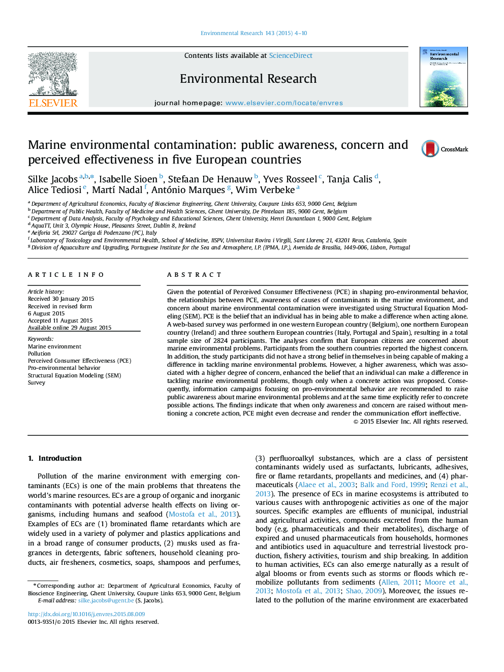 Marine environmental contamination: public awareness, concern and perceived effectiveness in five European countries