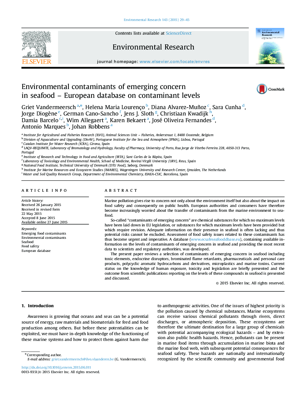 Environmental contaminants of emerging concern in seafood – European database on contaminant levels