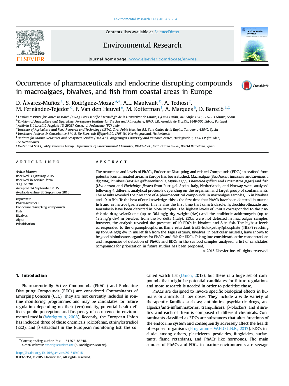 Occurrence of pharmaceuticals and endocrine disrupting compounds in macroalgaes, bivalves, and fish from coastal areas in Europe