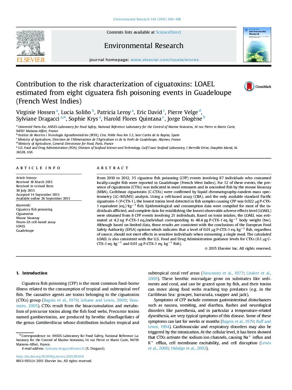 Contribution to the risk characterization of ciguatoxins: LOAEL estimated from eight ciguatera fish poisoning events in Guadeloupe (French West Indies)