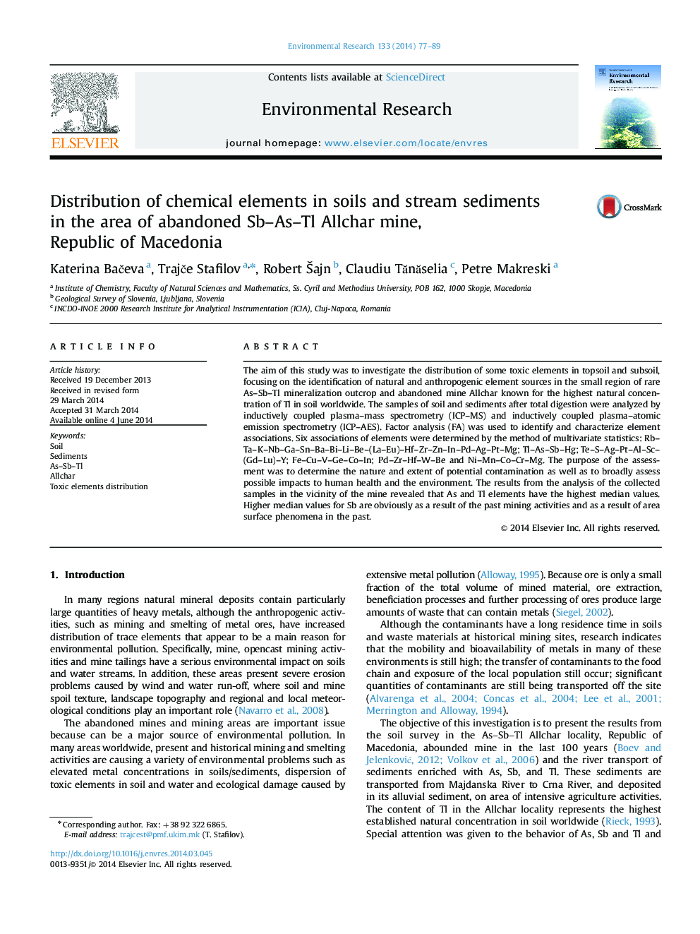 Distribution of chemical elements in soils and stream sediments in the area of abandoned Sb–As–Tl Allchar mine, Republic of Macedonia