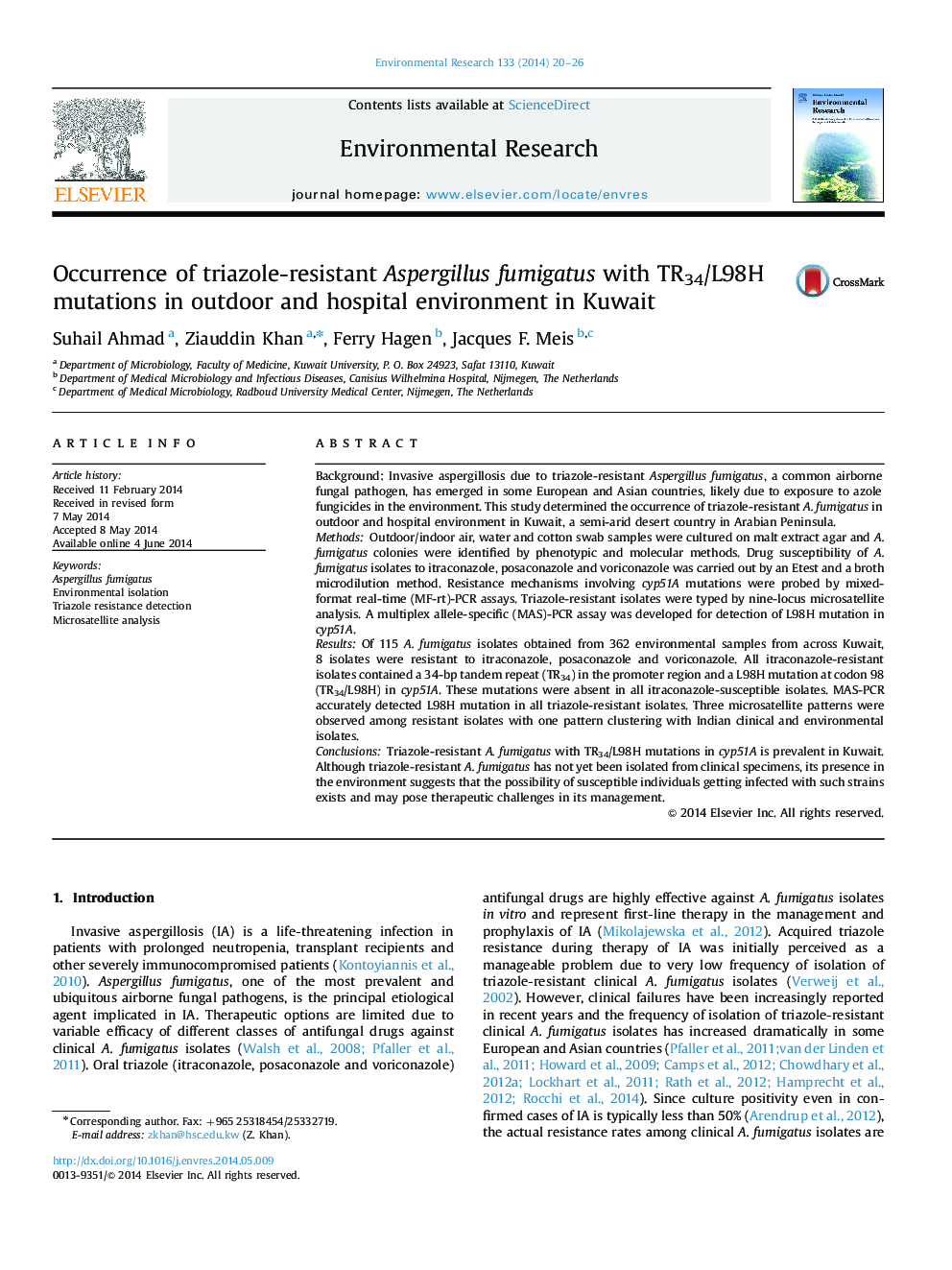 Occurrence of triazole-resistant Aspergillus fumigatus with TR34/L98H mutations in outdoor and hospital environment in Kuwait