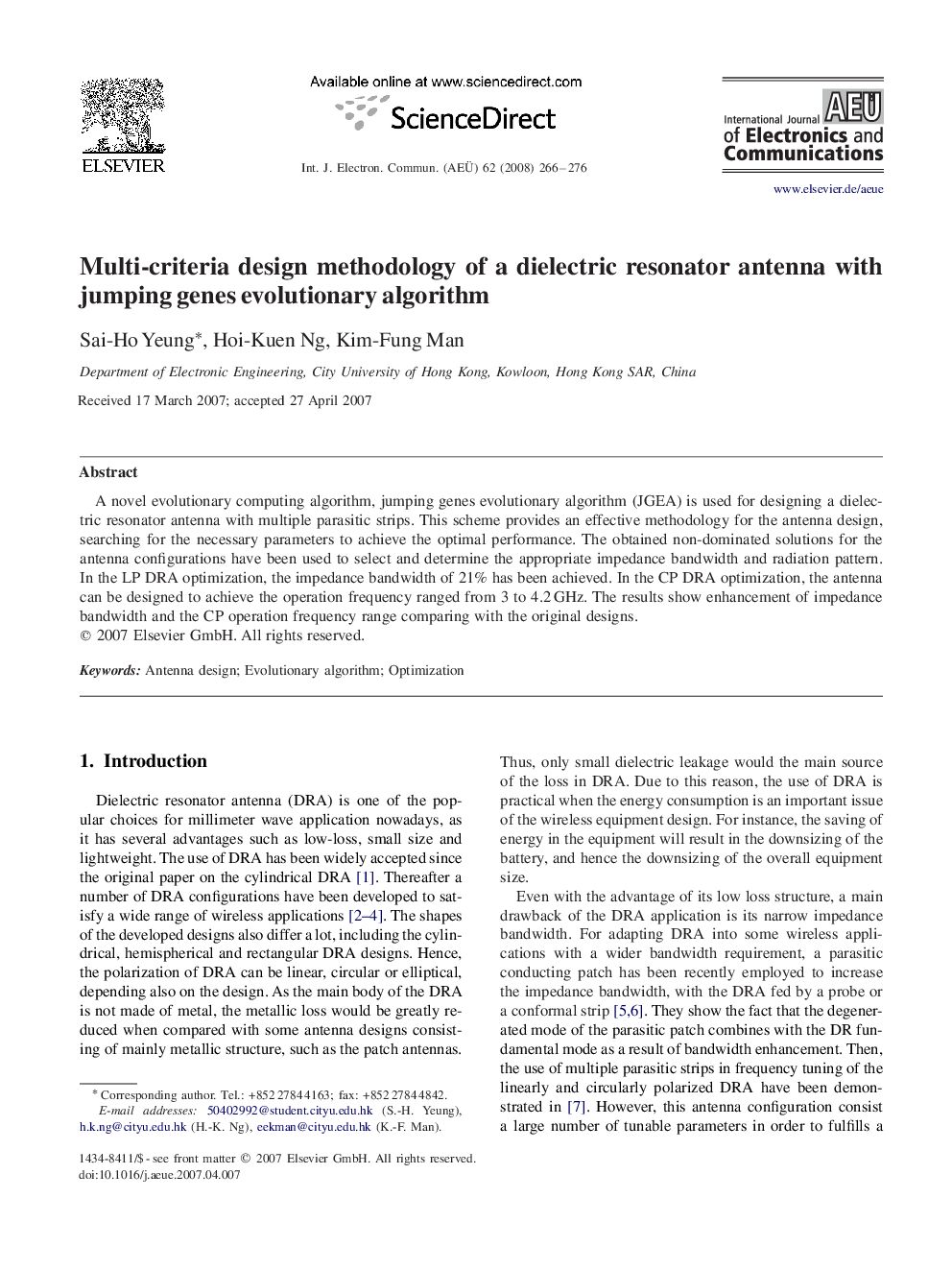 Multi-criteria design methodology of a dielectric resonator antenna with jumping genes evolutionary algorithm