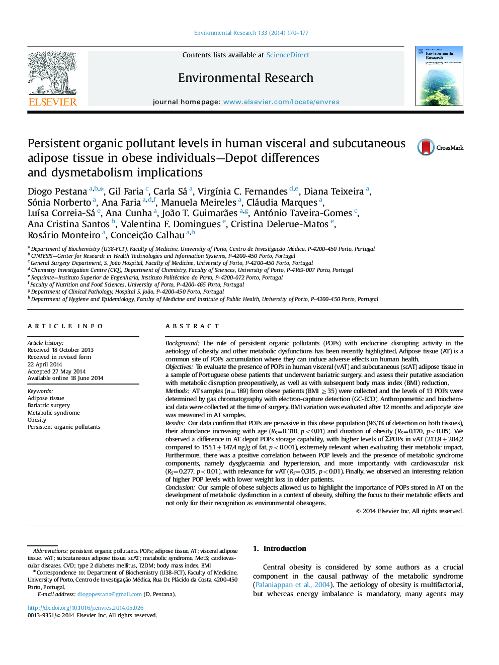 Persistent organic pollutant levels in human visceral and subcutaneous adipose tissue in obese individuals—Depot differences and dysmetabolism implications