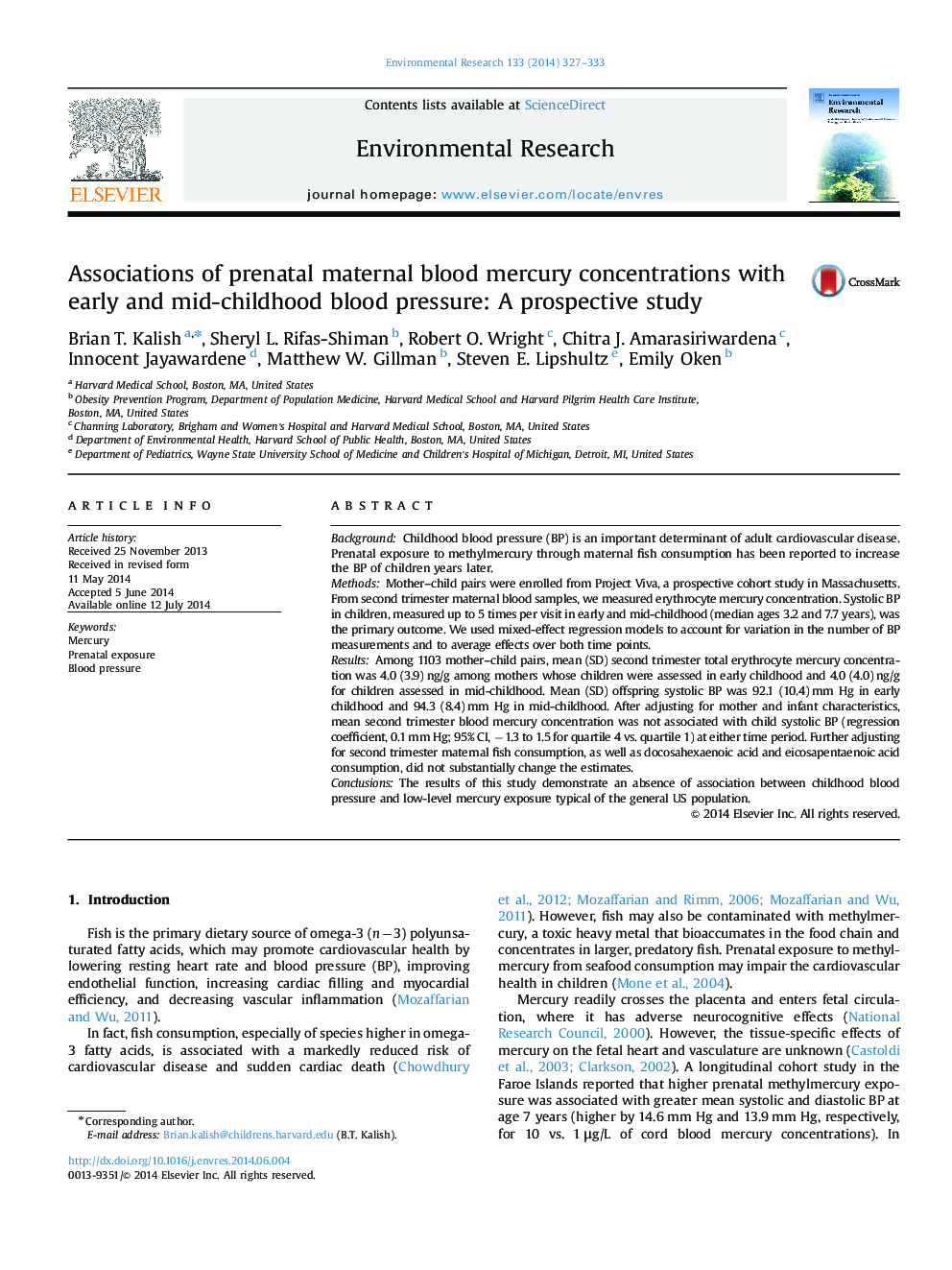 Associations of prenatal maternal blood mercury concentrations with early and mid-childhood blood pressure: A prospective study