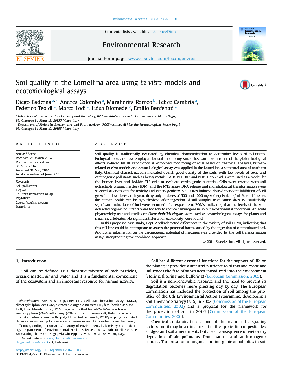 Soil quality in the Lomellina area using in vitro models and ecotoxicological assays