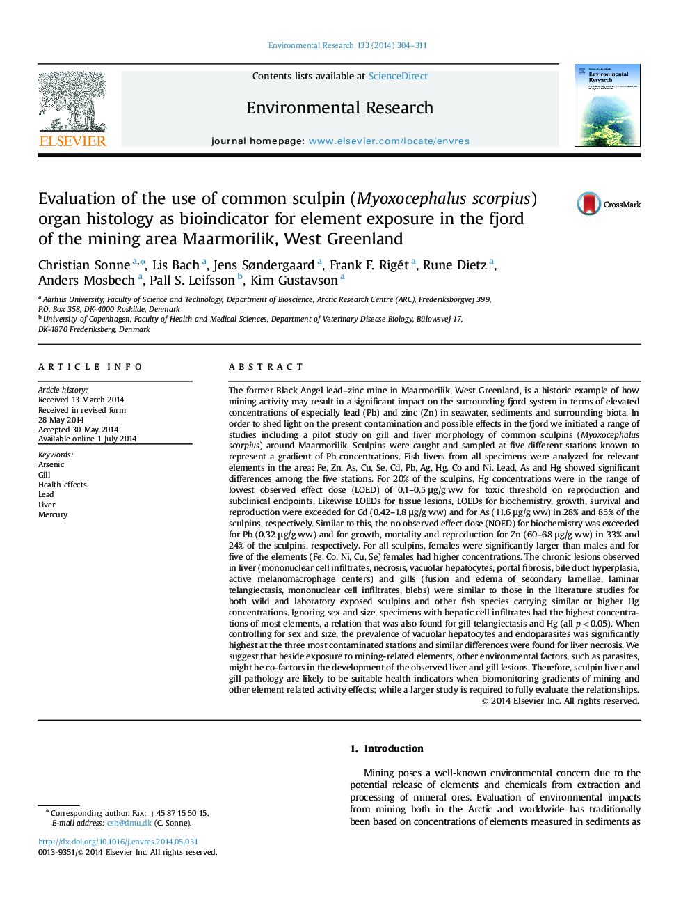 Evaluation of the use of common sculpin (Myoxocephalus scorpius) organ histology as bioindicator for element exposure in the fjord of the mining area Maarmorilik, West Greenland