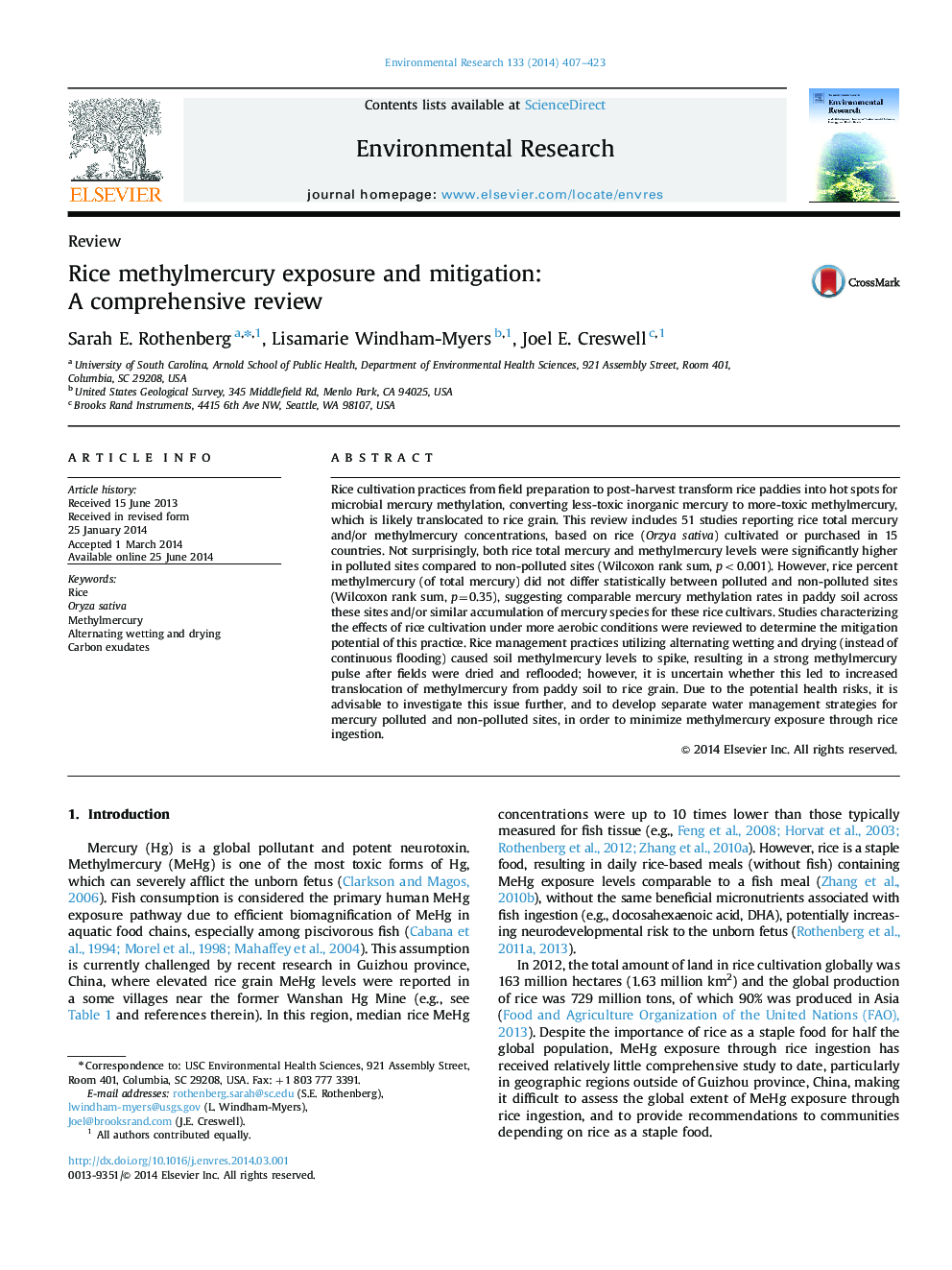 Rice methylmercury exposure and mitigation: A comprehensive review