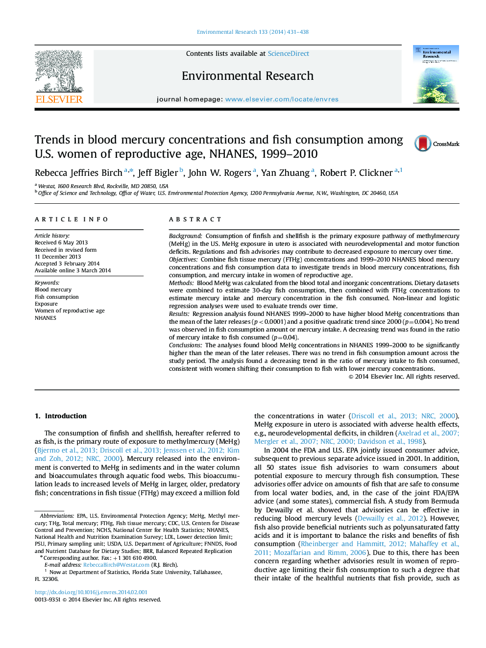 Trends in blood mercury concentrations and fish consumption among U.S. women of reproductive age, NHANES, 1999–2010