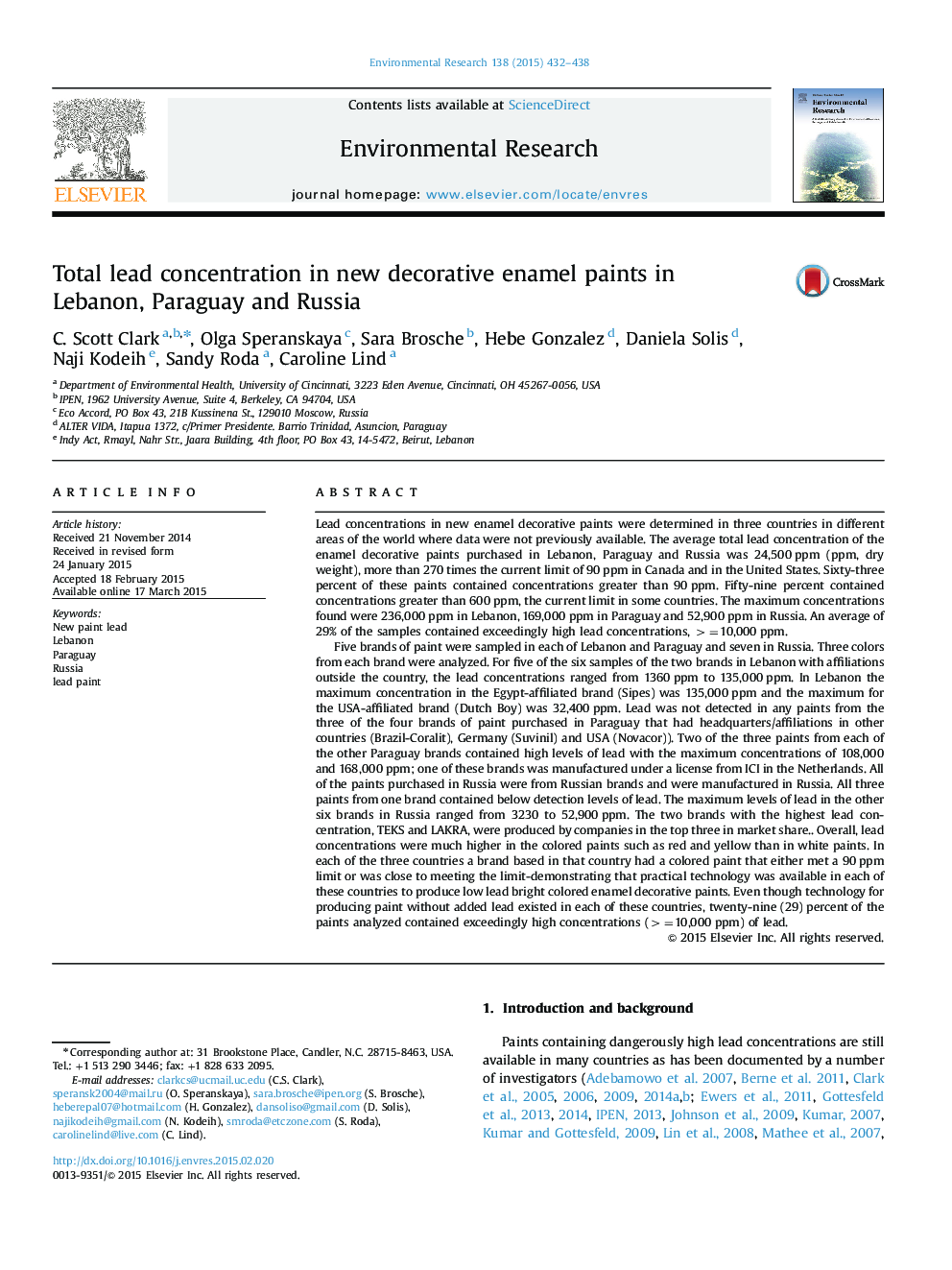 Total lead concentration in new decorative enamel paints in Lebanon, Paraguay and Russia