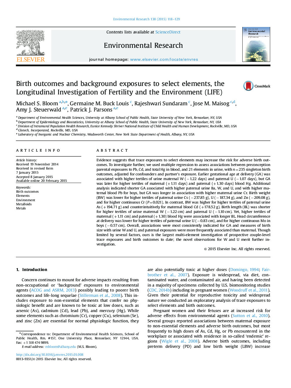 Birth outcomes and background exposures to select elements, the Longitudinal Investigation of Fertility and the Environment (LIFE)