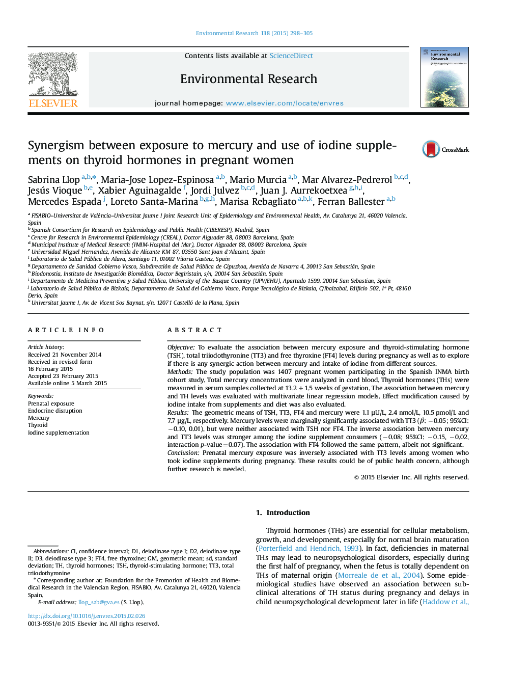 Synergism between exposure to mercury and use of iodine supplements on thyroid hormones in pregnant women