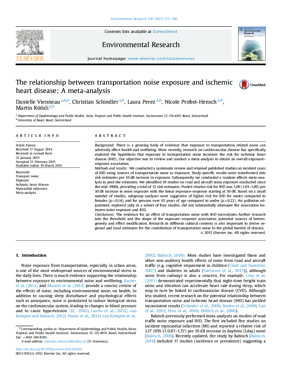 The relationship between transportation noise exposure and ischemic heart disease: A meta-analysis