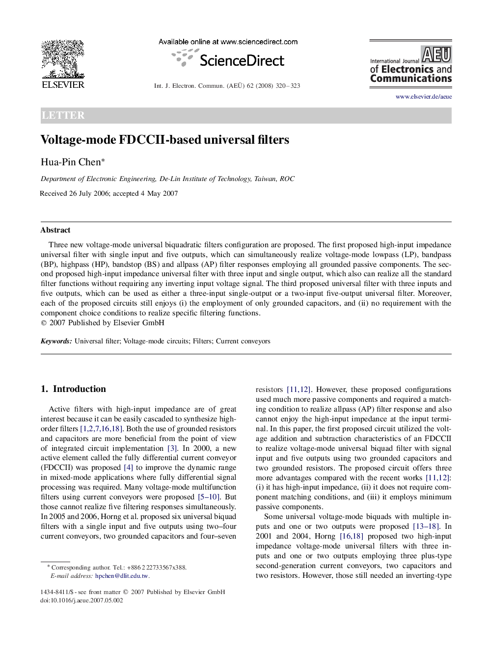 Voltage-mode FDCCII-based universal filters