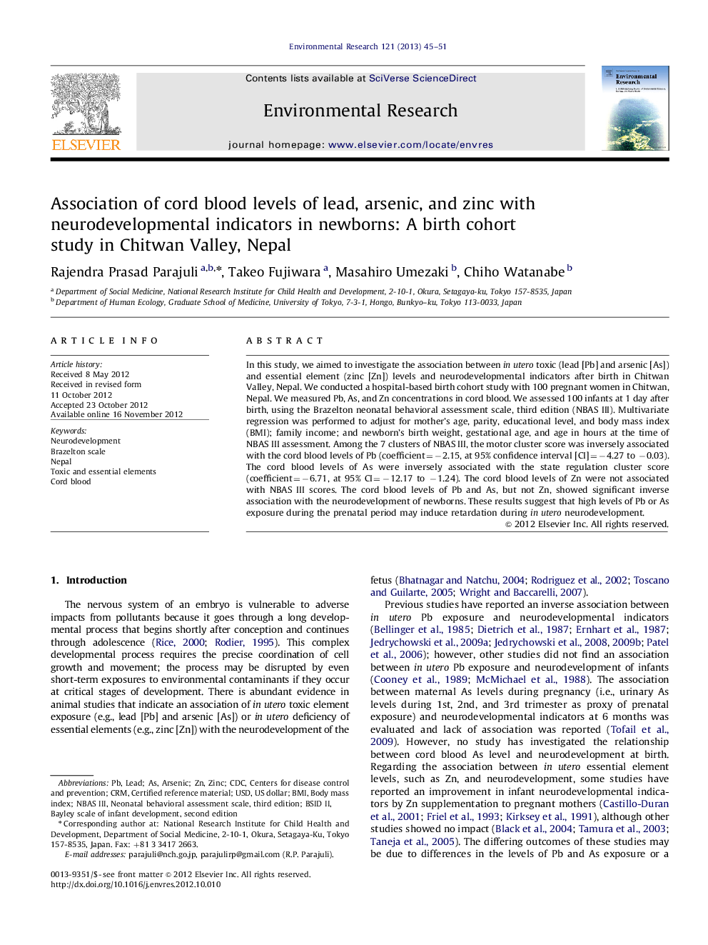 عکس صفحه اول مقاله: Association of cord blood levels of lead, arsenic, and zinc with neurodevelopmental indicators in newborns: A birth cohort study in Chitwan Valley, Nepal Association of cord blood levels of lead, arsenic, and zinc with neurodevelopmental indicators in newborns: A birth cohort study in Chitwan Valley, Nepal