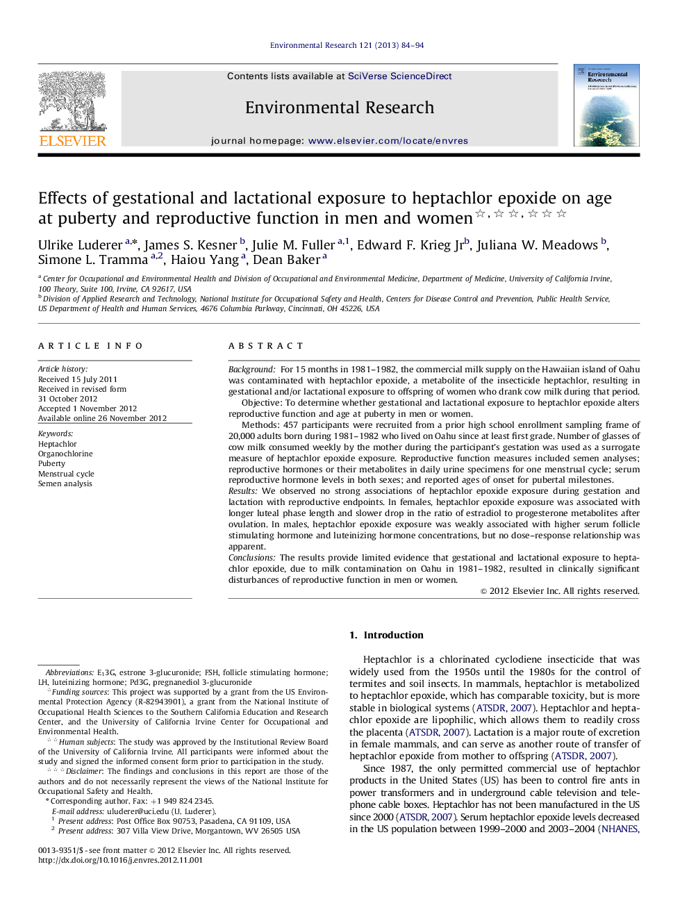 Effects of gestational and lactational exposure to heptachlor epoxide on age at puberty and reproductive function in men and women 