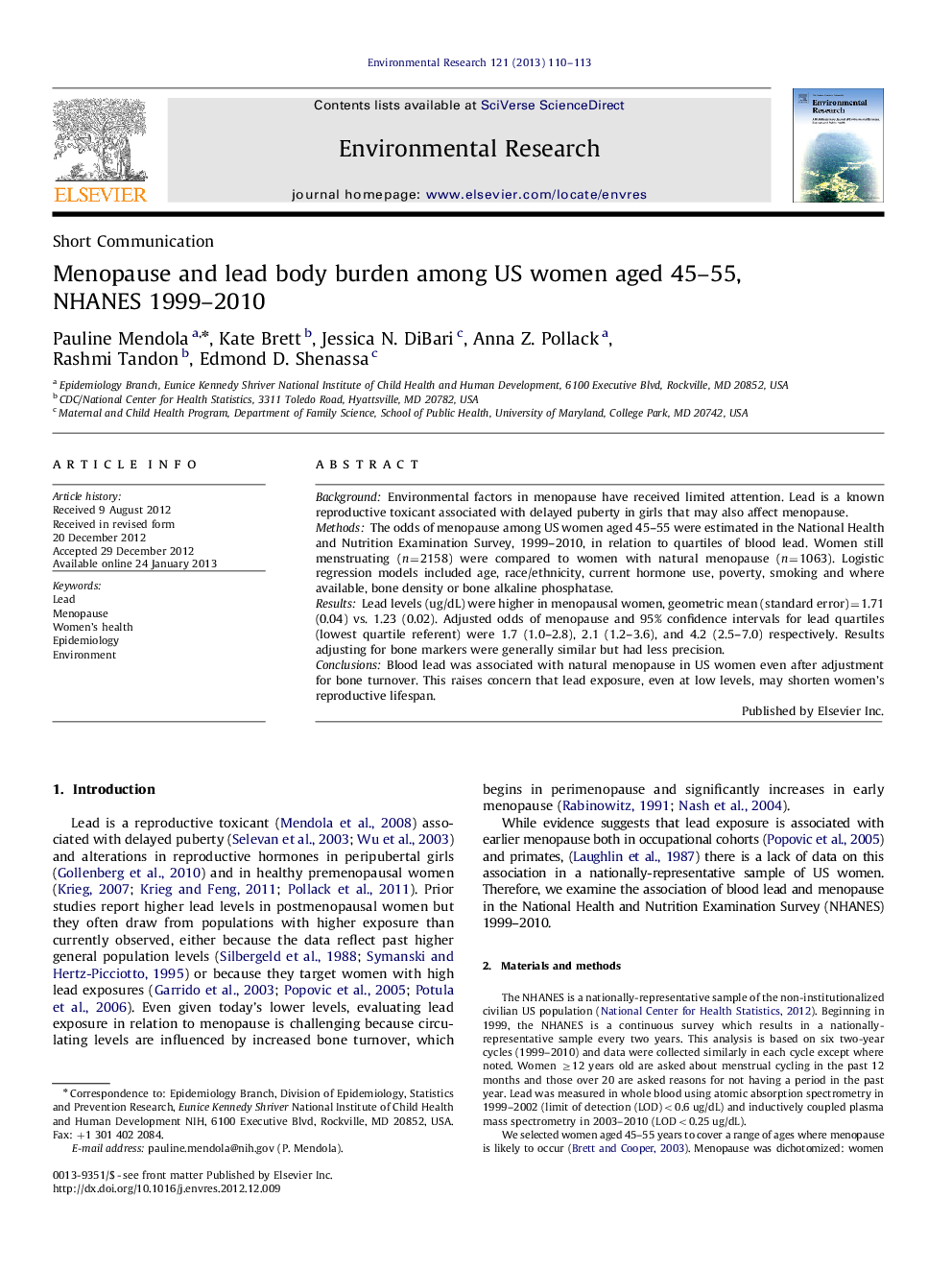 Menopause and lead body burden among US women aged 45–55, NHANES 1999–2010