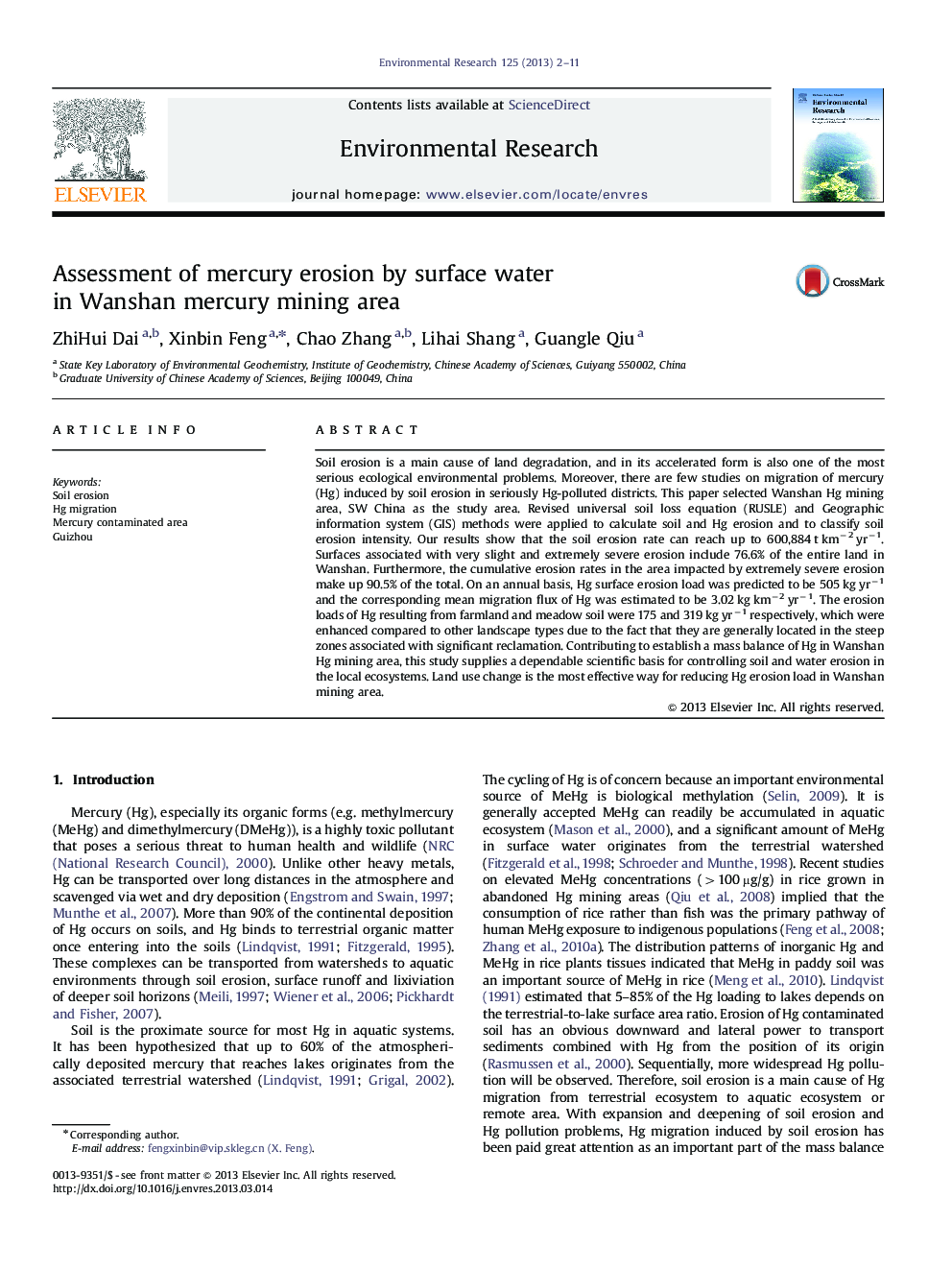 Assessment of mercury erosion by surface water in Wanshan mercury mining area