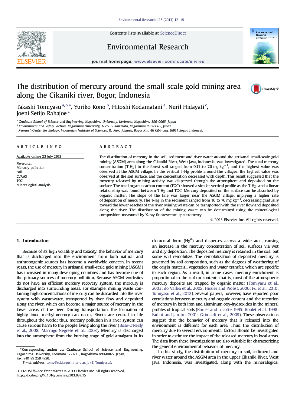 The distribution of mercury around the small-scale gold mining area along the Cikaniki river, Bogor, Indonesia