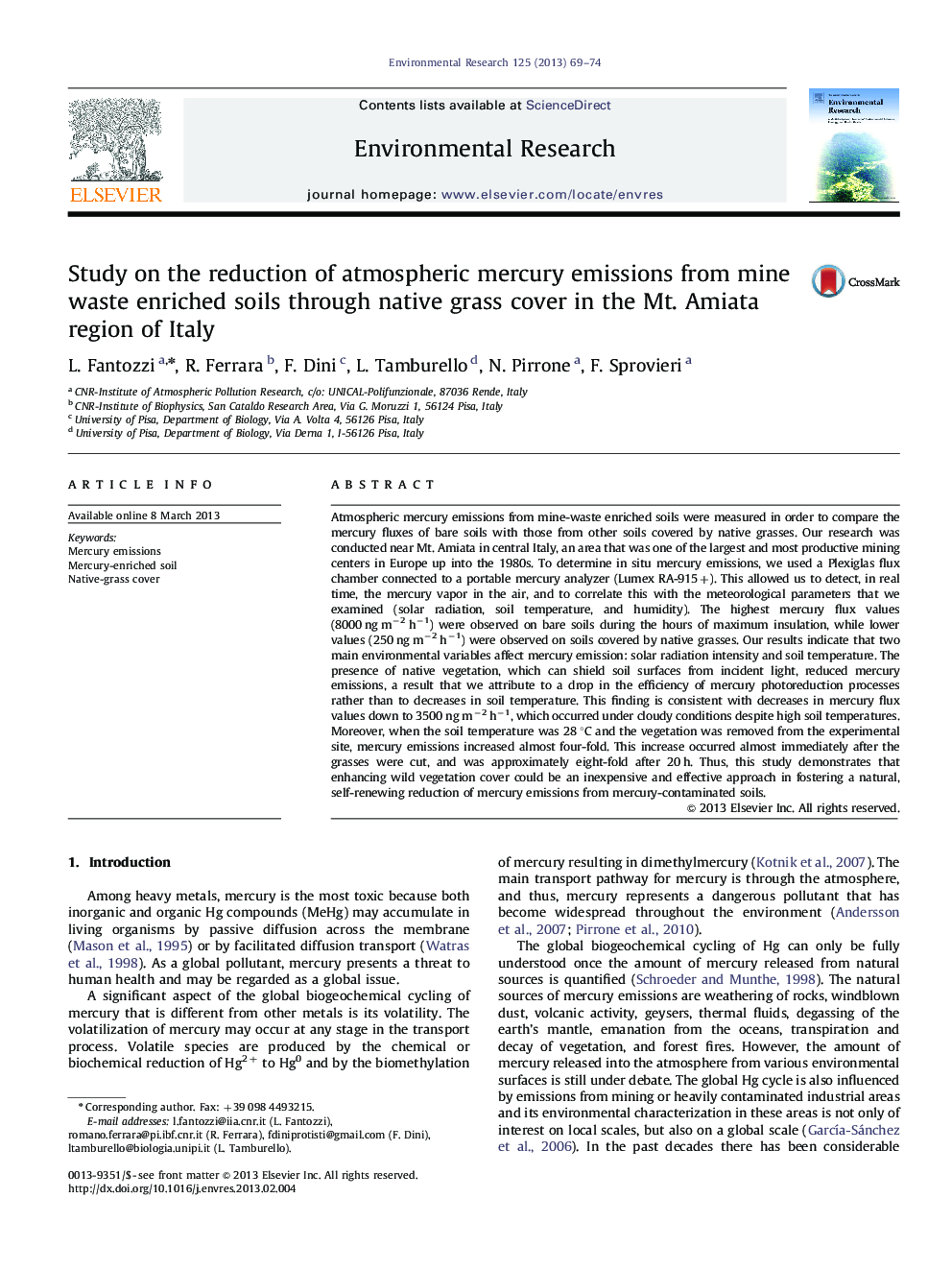 Study on the reduction of atmospheric mercury emissions from mine waste enriched soils through native grass cover in the Mt. Amiata region of Italy