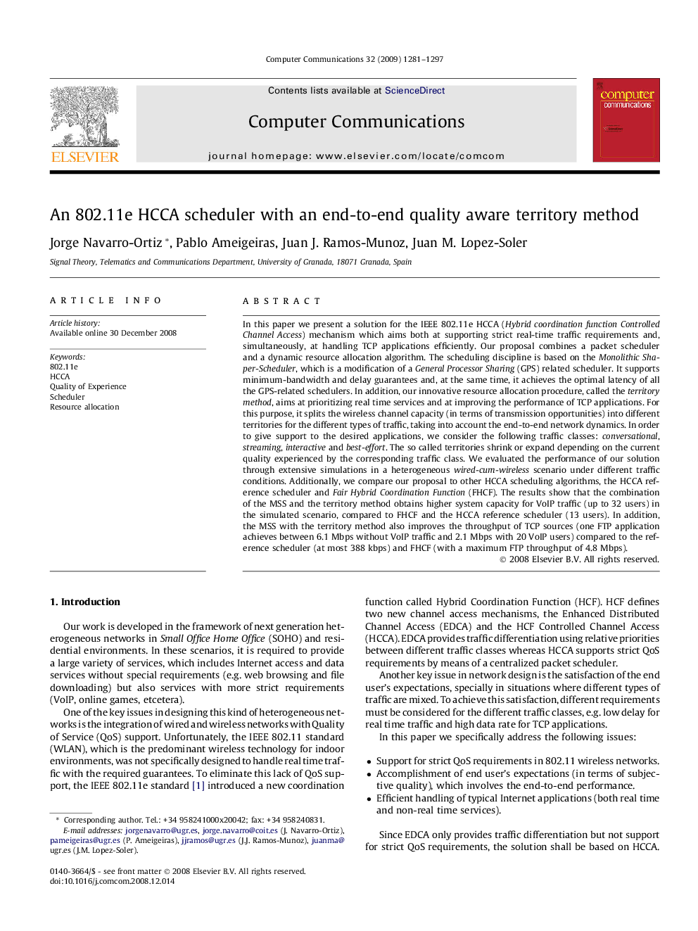 An 802.11e HCCA scheduler with an end-to-end quality aware territory method