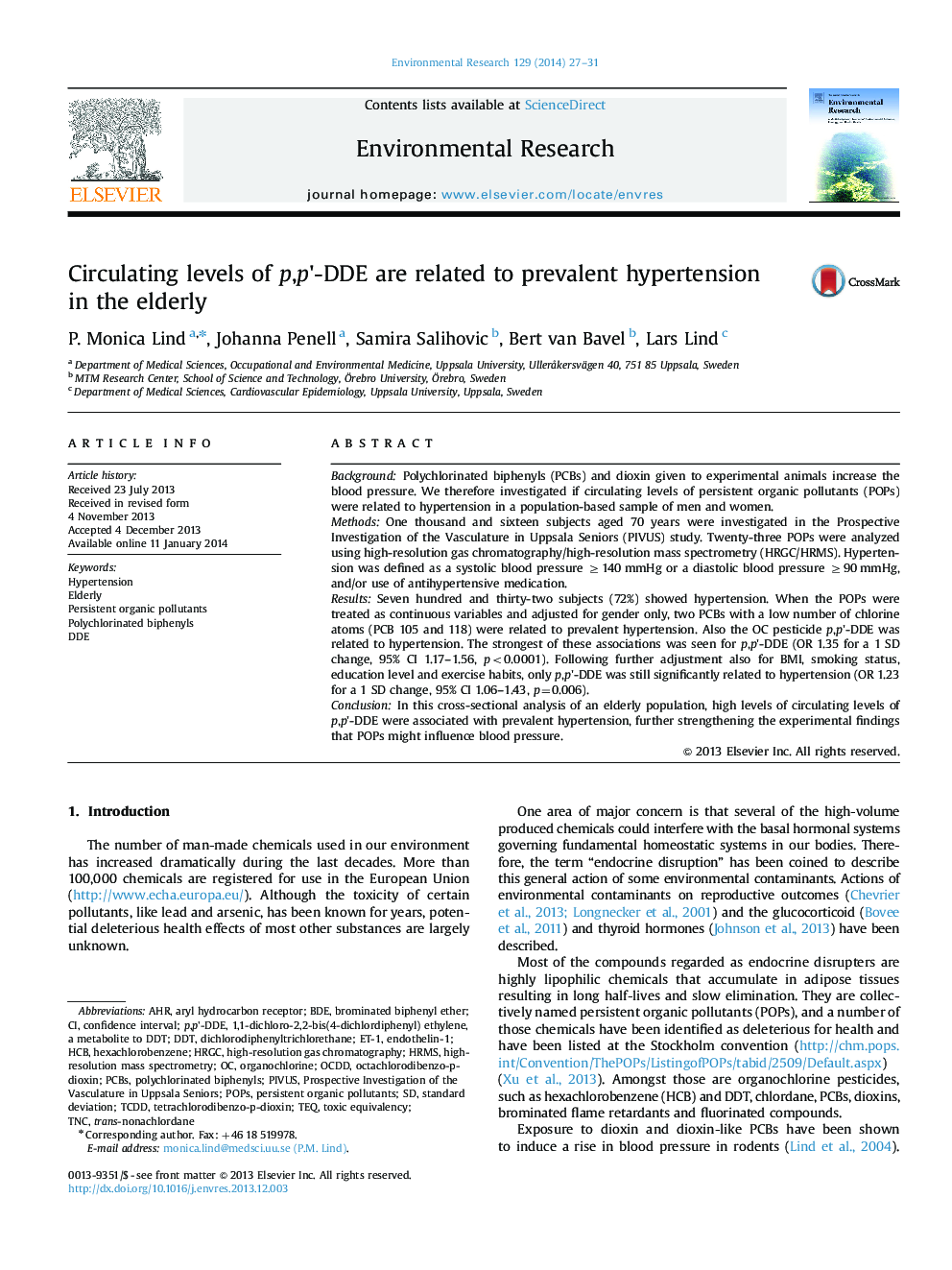 Circulating levels of p,p'-DDE are related to prevalent hypertension in the elderly