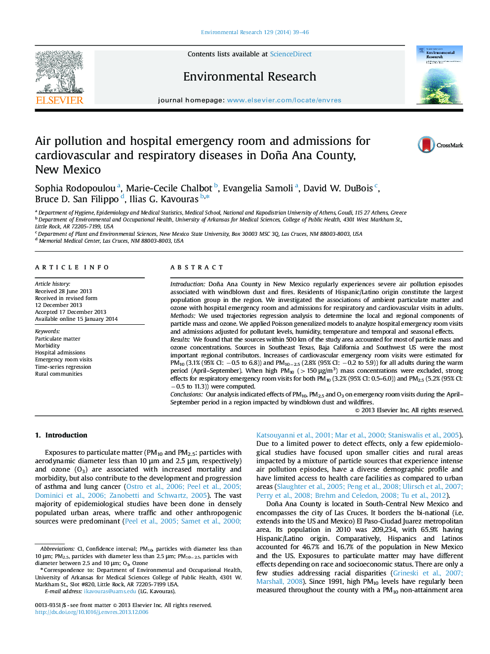 Air pollution and hospital emergency room and admissions for cardiovascular and respiratory diseases in Doña Ana County, New Mexico