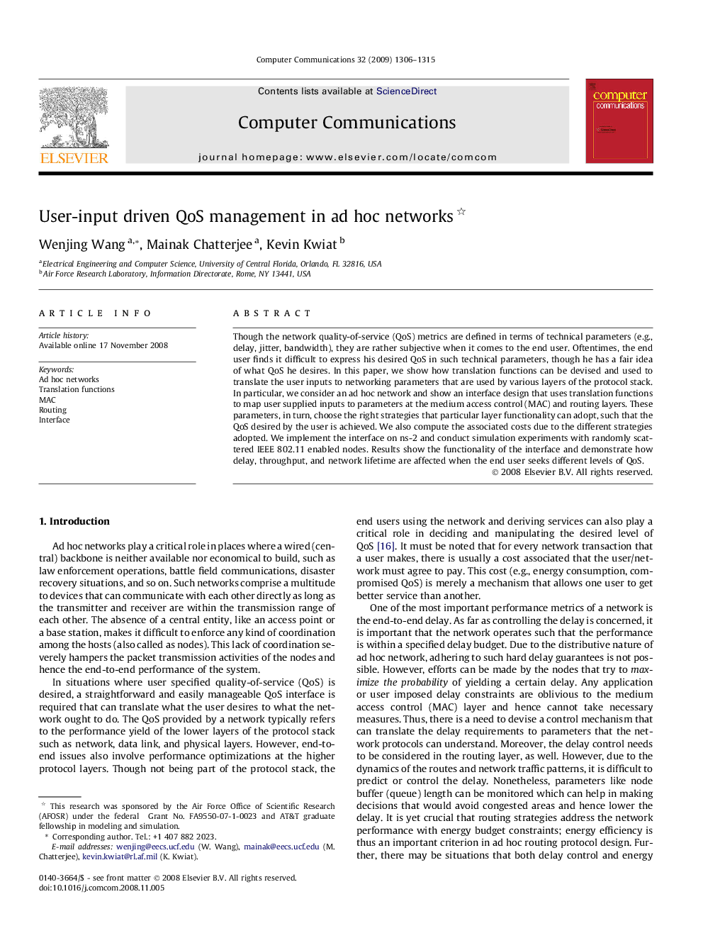 User-input driven QoS management in ad hoc networks 