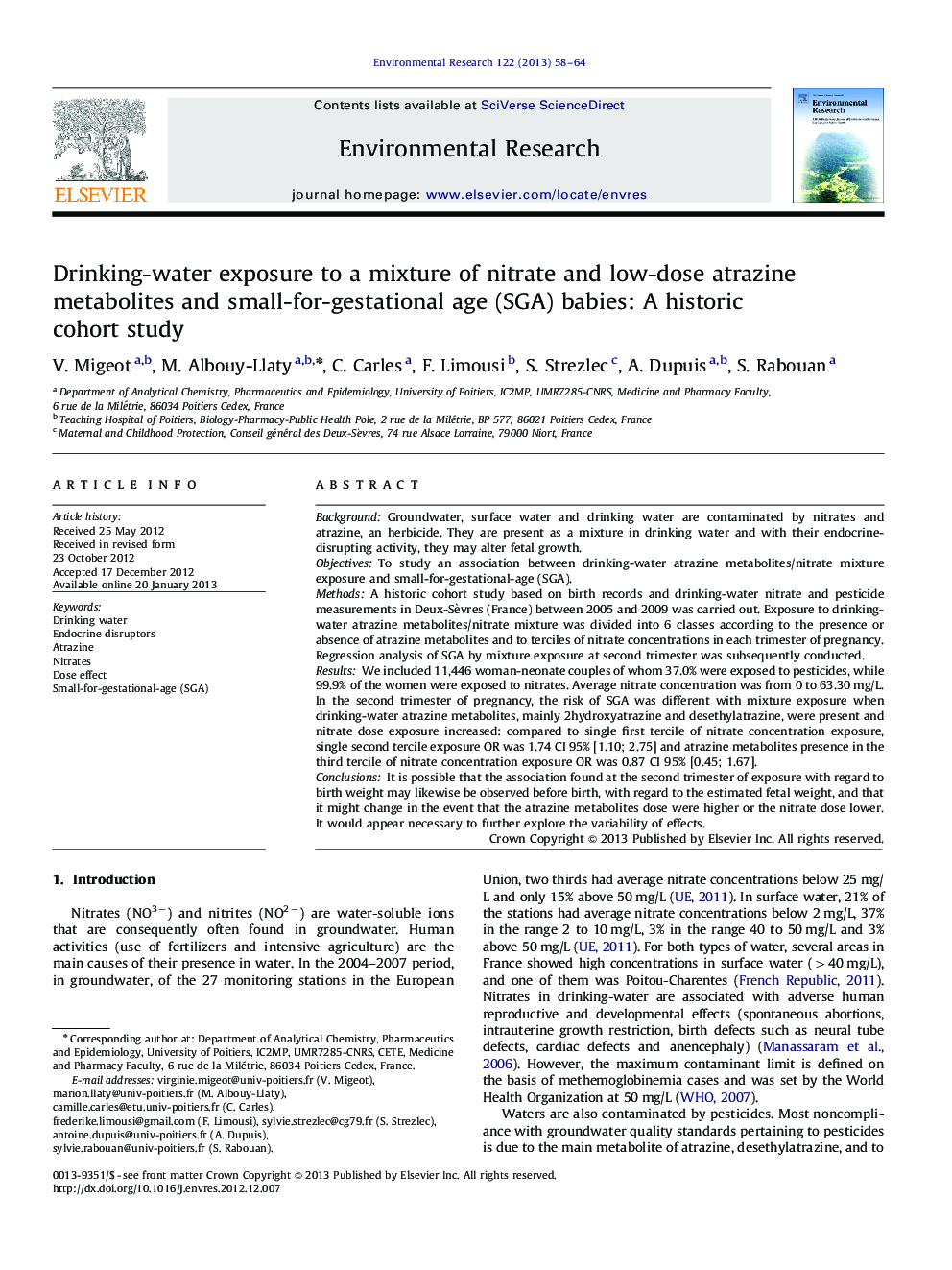 Drinking-water exposure to a mixture of nitrate and low-dose atrazine metabolites and small-for-gestational age (SGA) babies: A historic cohort study