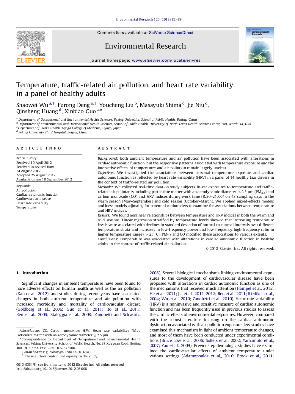 Temperature, traffic-related air pollution, and heart rate variability in a panel of healthy adults