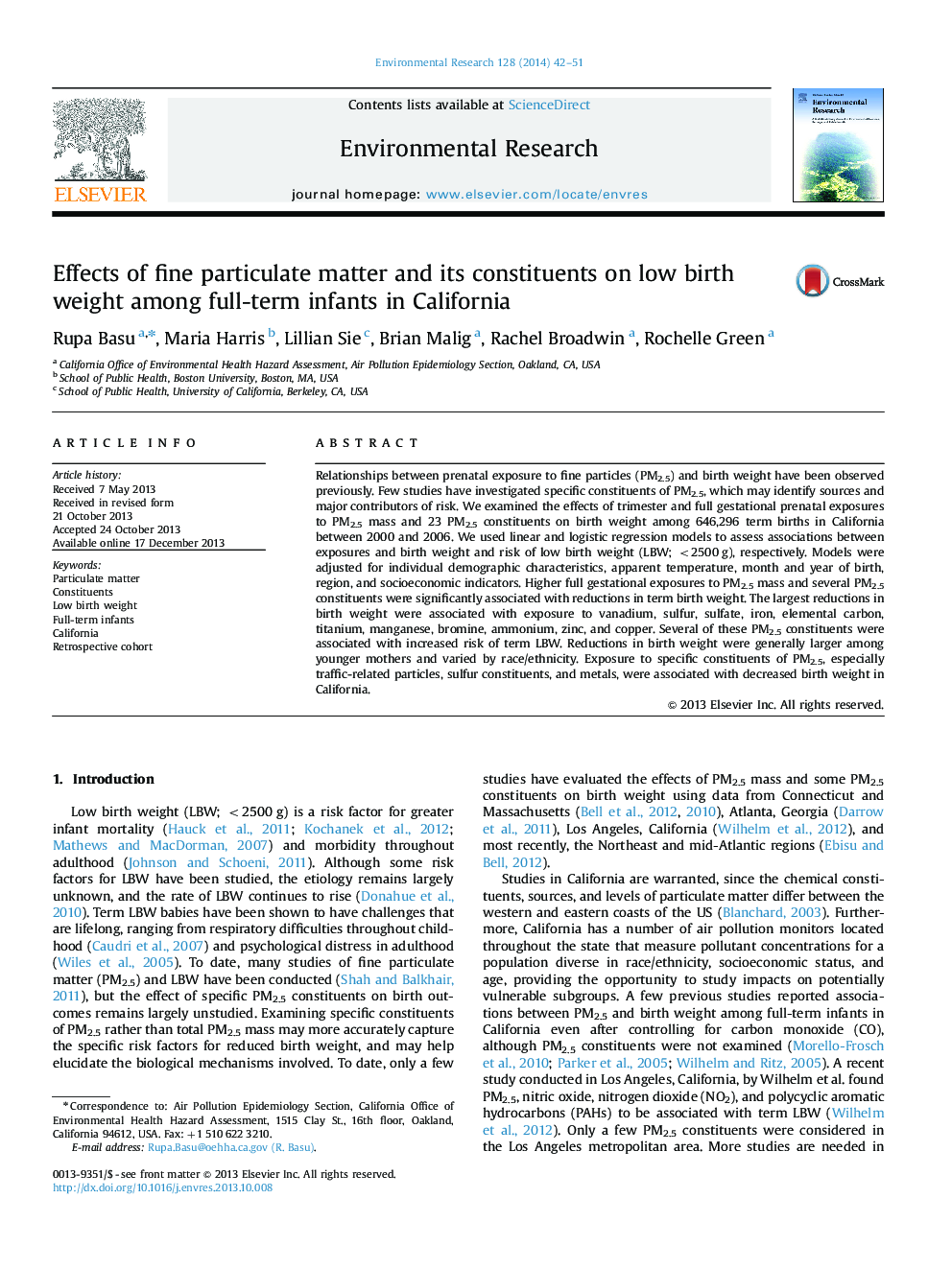 Effects of fine particulate matter and its constituents on low birth weight among full-term infants in California