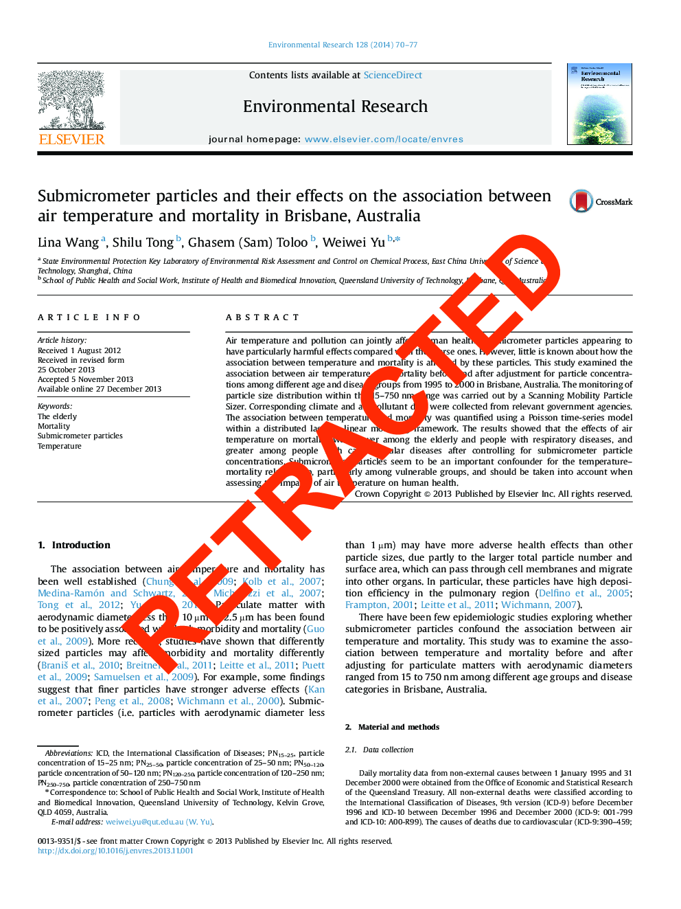 RETRACTED: Submicrometer particles and their effects on the association between air temperature and mortality in Brisbane, Australia