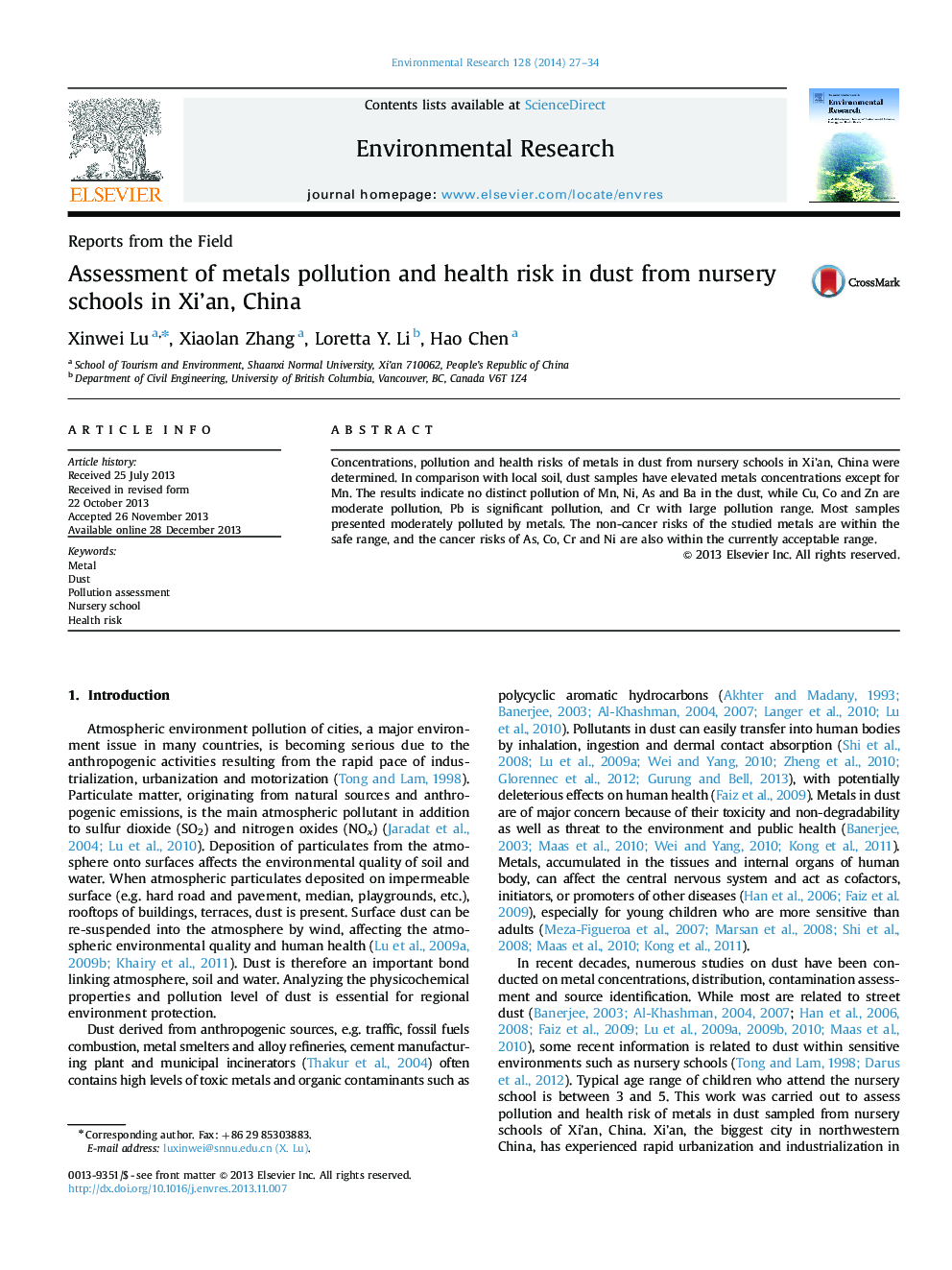 Assessment of metals pollution and health risk in dust from nursery schools in Xi’an, China