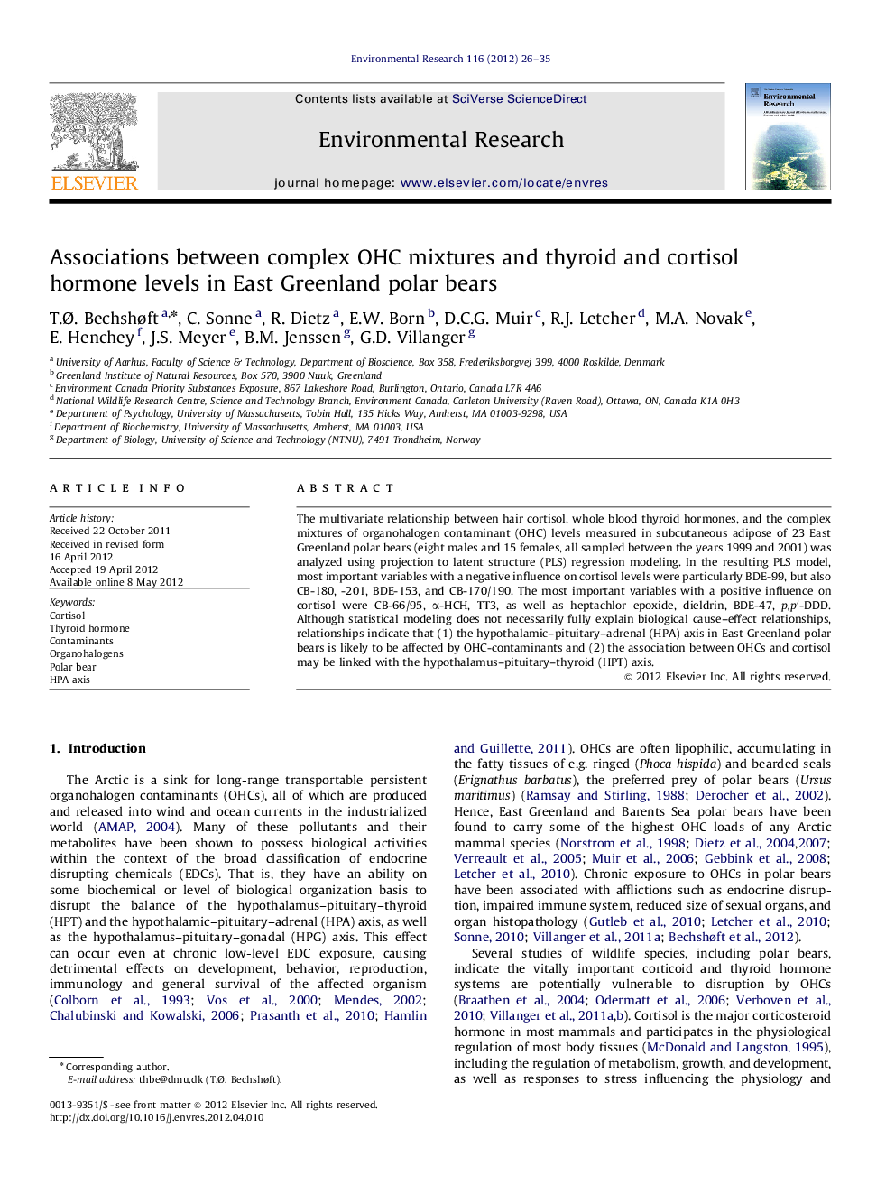 Associations between complex OHC mixtures and thyroid and cortisol hormone levels in East Greenland polar bears