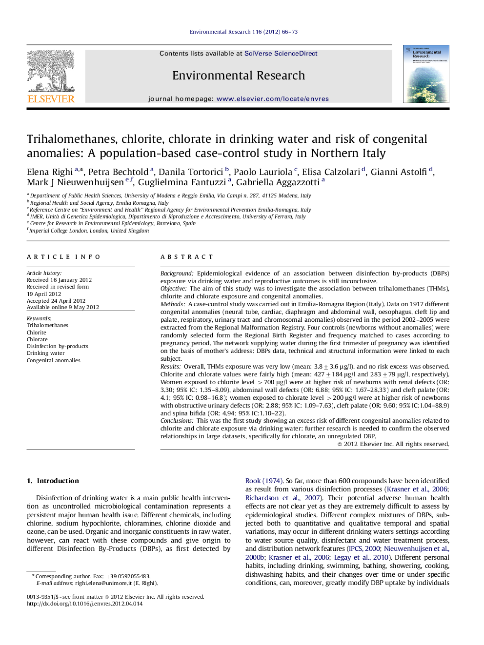 Trihalomethanes, chlorite, chlorate in drinking water and risk of congenital anomalies: A population-based case-control study in Northern Italy