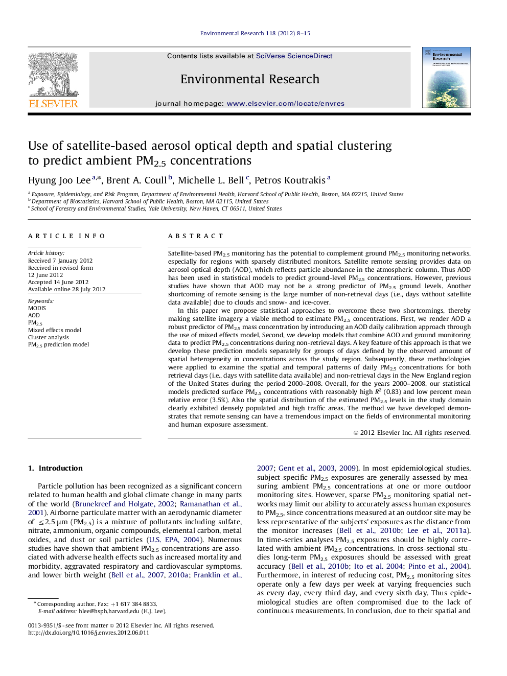 Use of satellite-based aerosol optical depth and spatial clustering to predict ambient PM2.5 concentrations