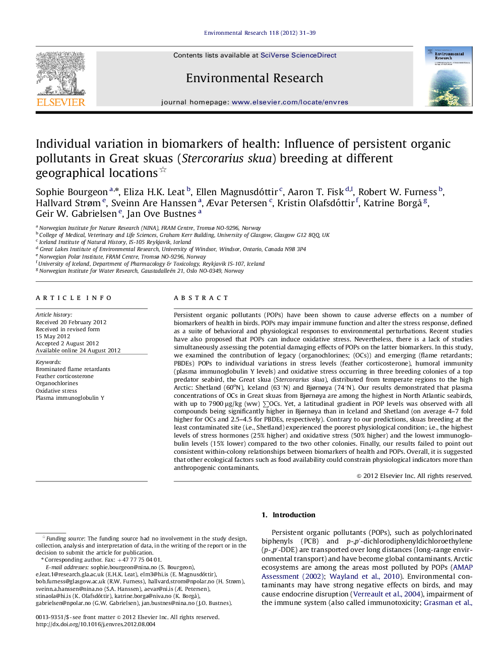 Individual variation in biomarkers of health: Influence of persistent organic pollutants in Great skuas (Stercorarius skua) breeding at different geographical locations 