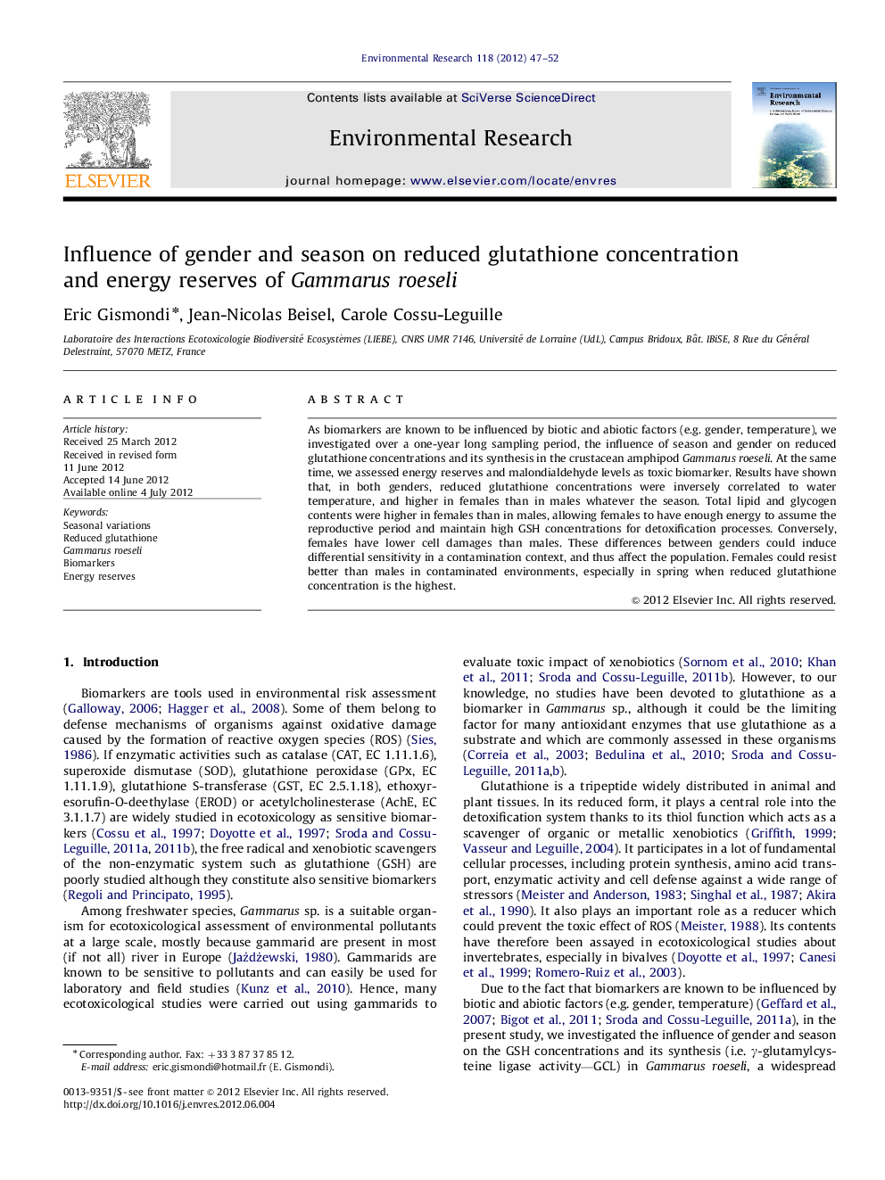 Influence of gender and season on reduced glutathione concentration and energy reserves of Gammarus roeseli