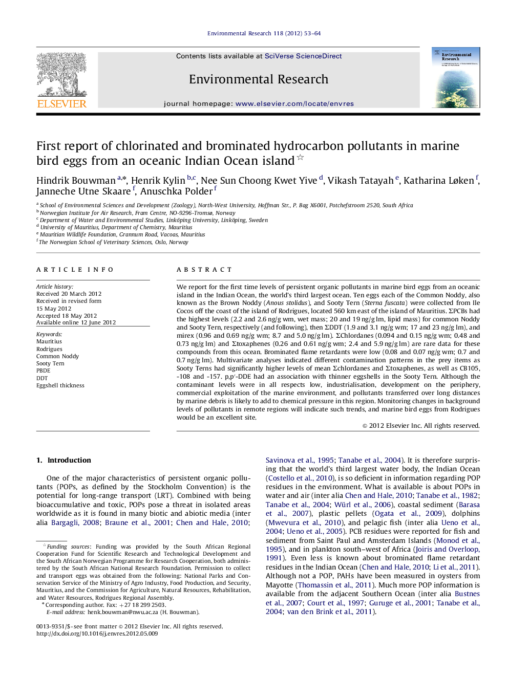 First report of chlorinated and brominated hydrocarbon pollutants in marine bird eggs from an oceanic Indian Ocean island 