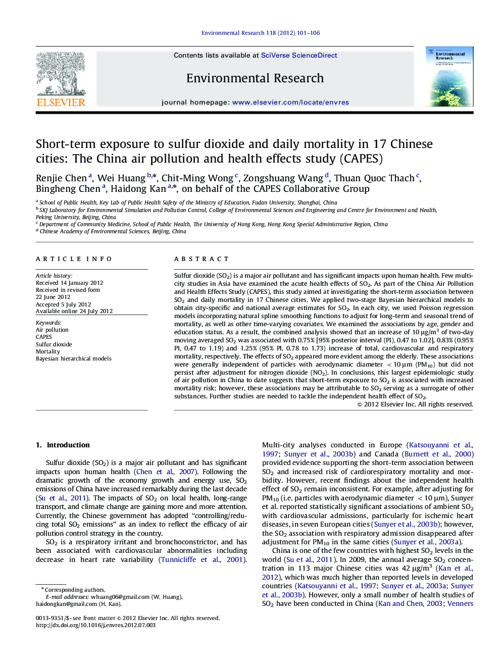 Short-term exposure to sulfur dioxide and daily mortality in 17 Chinese cities: The China air pollution and health effects study (CAPES)