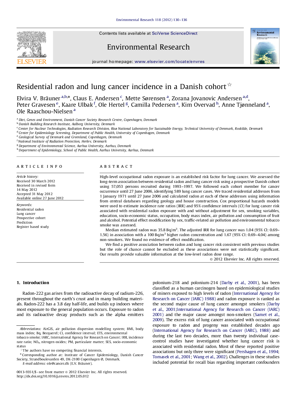 Residential radon and lung cancer incidence in a Danish cohort 